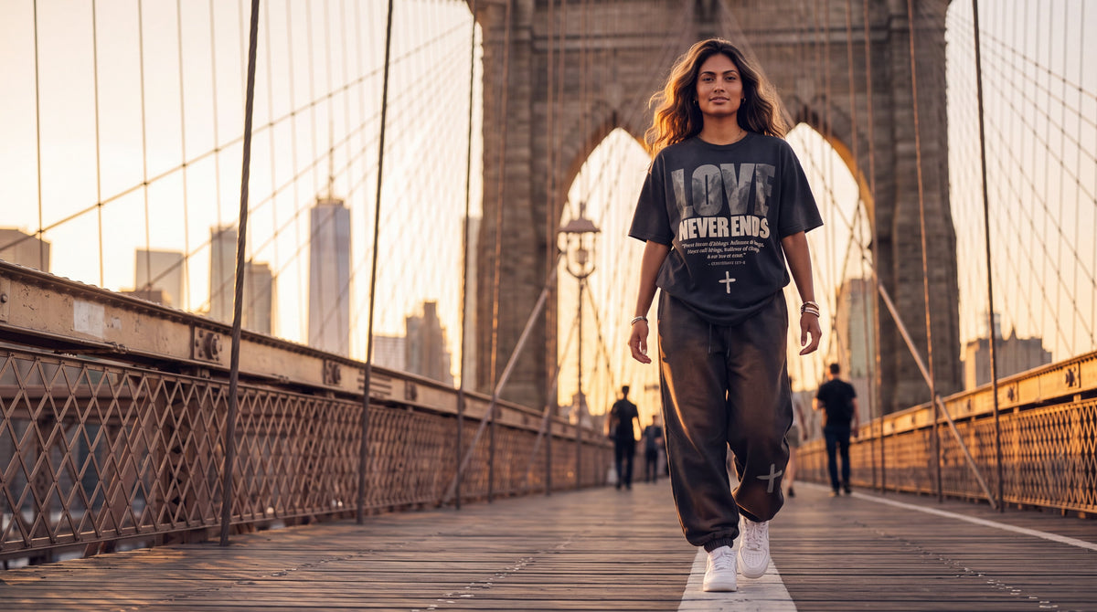 Woman in the dark grey heavyweight sweatpants on the Brooklyn Bridge, The Word