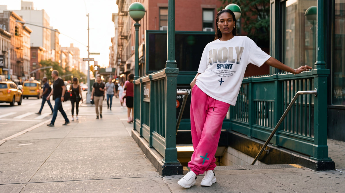 Woman in the dark pink heavyweight sweatpants at a New York subway entrance, The Word