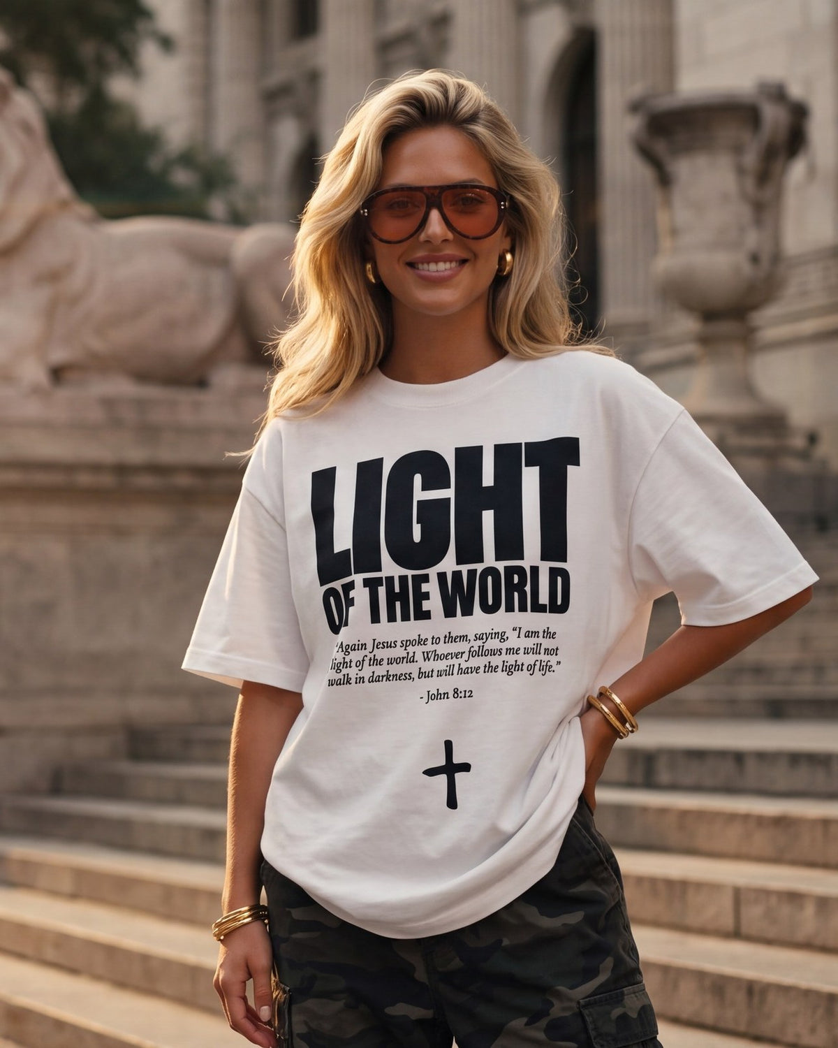 Woman in white Light of the World tee by the lion statue at the New York Public Library