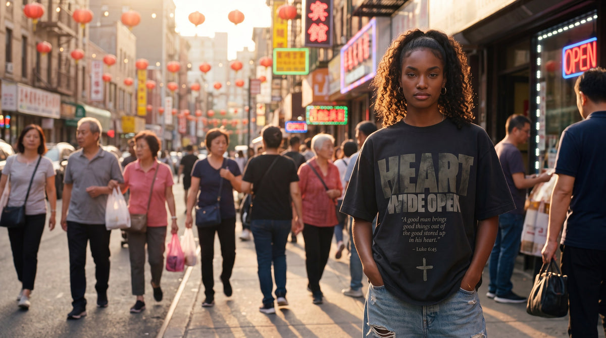 Woman in faded black Heart Wide Open tee on a Chinatown street in New York