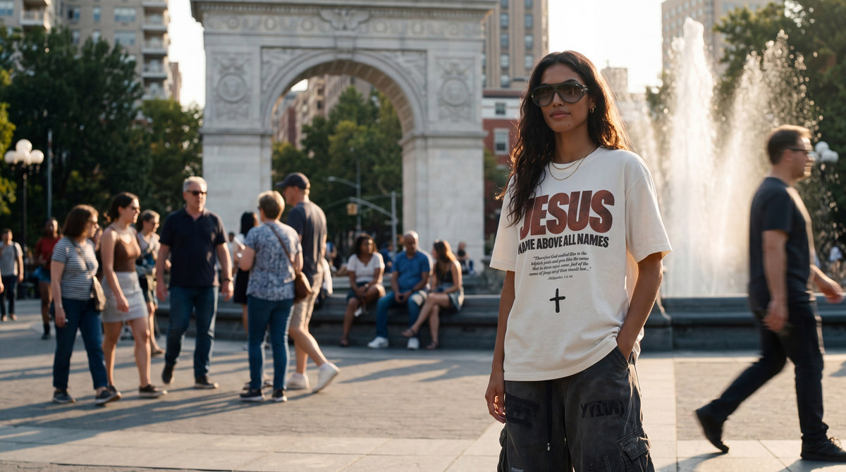 Woman in white Jesus Name Above All Names tee in Washington Square Park