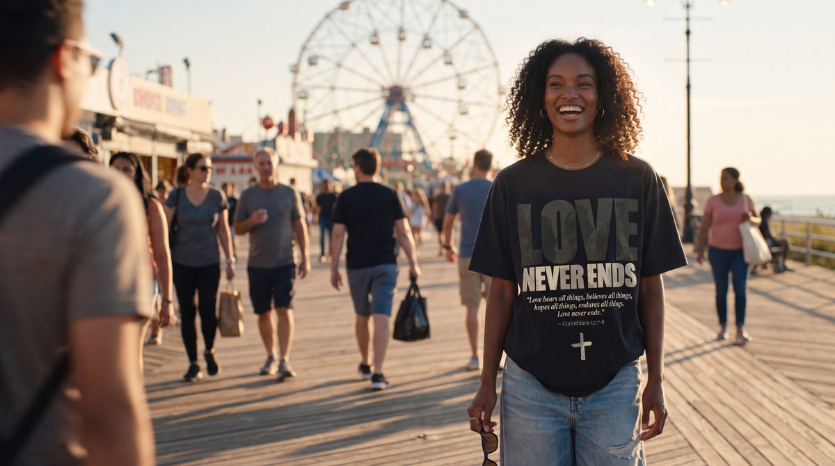 Woman in faded black Love Never Ends tee on the Coney Island boardwalk