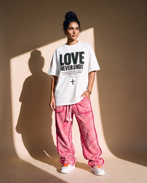 Love Never Ends tee, white, front print, woman, standing full body