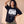 Daughter of the King tee, black, front print, woman, hand in hair thigh up