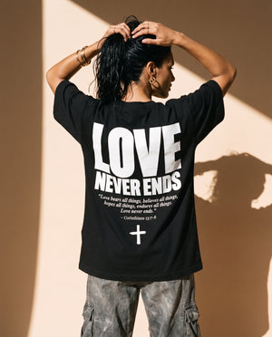 Love Never Ends tee, black, back print edition, woman, back print hands in hair