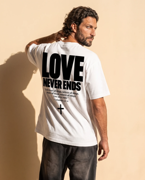 Love Never Ends tee, white, back print edition, man, back print hand on head look over