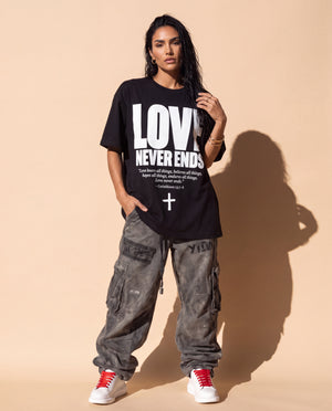 Love Never Ends tee, black, front print, woman, standing full body