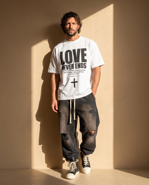 Love Never Ends tee, white, front print, man, standing full body