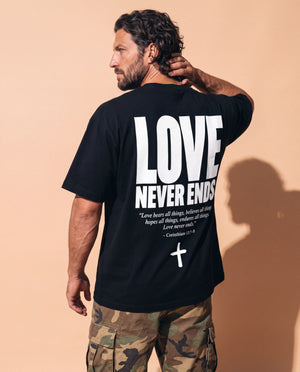 Love Never Ends tee, black, back print edition, man, back print hand on head look over