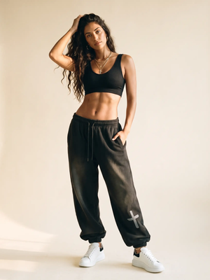 Heavyweight Sweatpants · Black & Off White, smoky black, front print, woman, standing front
