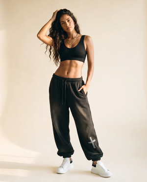Heavyweight Sweatpants · Black & Off White, smoky black, front print, woman, standing front