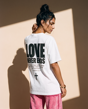 Love Never Ends tee, white, back print edition, woman, back print side profile