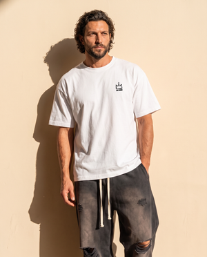 Love Never Ends tee, white, back print edition, man, front crown thigh up