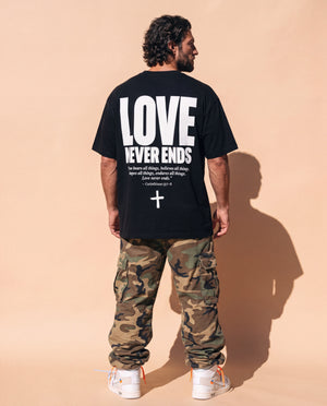 Love Never Ends tee, black, back print edition, man, back print full body