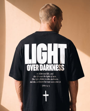 Light Over Darkness tee, black, back print edition, man, back print thigh up