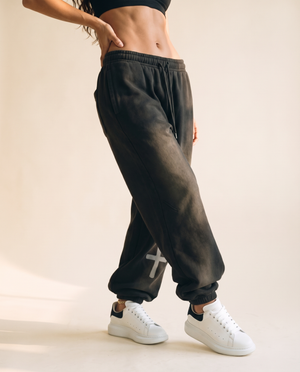 Heavyweight Sweatpants · Black & Off White, smoky black, front print, woman, walking side cross