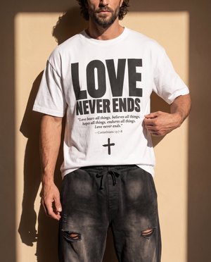Love Never Ends tee, white, front print, man, chest close up