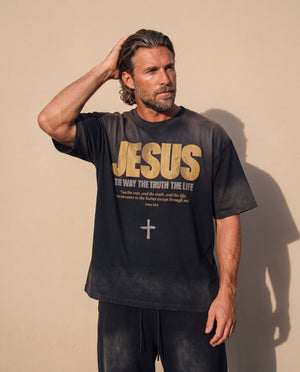 Jesus the Way the Truth the Life faded black tee, man with a hand in his hair looking to the side, John 14:6 verse and cross in view