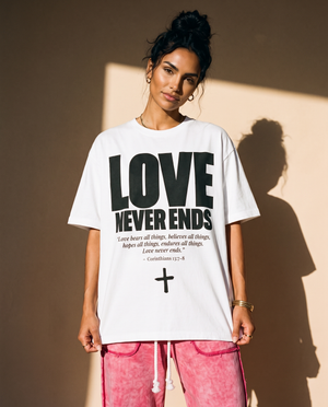 Love Never Ends tee, white, front print, woman, standing thigh up