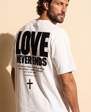 Love Never Ends tee, white, back print edition, man, back print close up