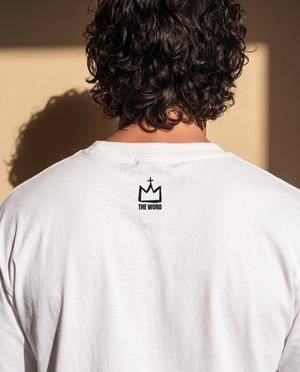 Love Never Ends tee, white, back print, man, crown close up