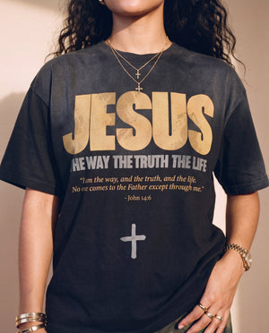 Jesus the Way the Truth the Life faded black tee, front print in full on a woman, John 14:6 verse and cross, Christian streetwear