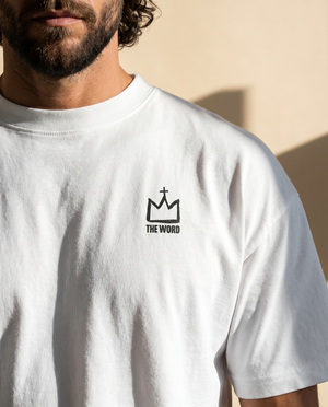 Love Never Ends tee, white, back print edition, man, front crown neckline close up