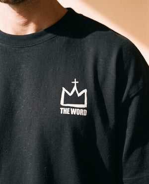 Light Over Darkness tee, black, back print edition, man, front crown chest close up