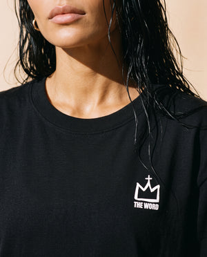 Love Never Ends tee, black, back print edition, woman, front crown chest close up