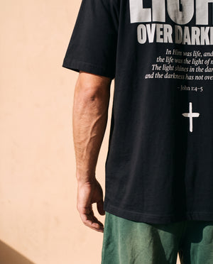 Light Over Darkness tee, black, back print edition, man, back print side close up