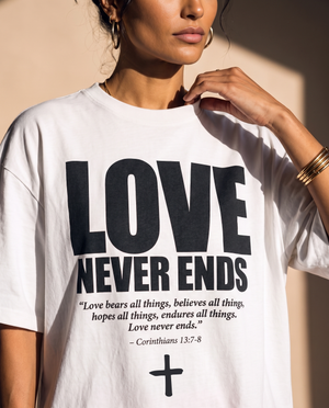 Love Never Ends tee, white, front print, woman, neckline close up