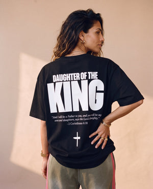 Daughter of the King tee, black, back print edition, woman, back print look away waist up