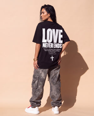 Love Never Ends tee, black, back print edition, woman, back print full body look over
