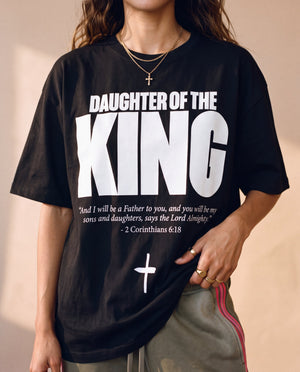 Daughter of the King tee, black, front print, woman, chest close up
