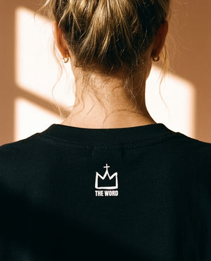 Light Over Darkness tee, black, back print, woman, crown close up
