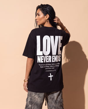 Love Never Ends tee, black, back print edition, woman, back print look over thigh up