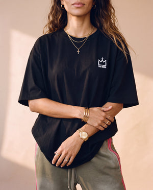 Daughter of the King tee, black, back print edition, woman, front crown chest close up