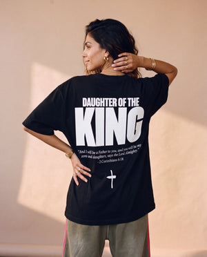 Daughter of the King tee, black, back print edition, woman, back print hand on neck
