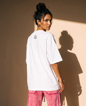 Love Never Ends tee, white, back print, woman, back view look over
