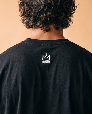 Love Never Ends tee, black, back print, man, crown close up