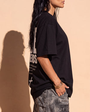 Love Never Ends tee, black, back print edition, woman, back print side profile