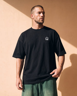 Light Over Darkness tee, black, back print edition, man, front crown thigh up