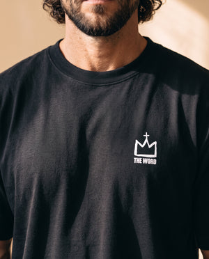 Love Never Ends tee, black, back print edition, man, front crown chest close up