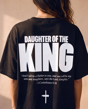 Daughter of the King tee, black, back print edition, woman, back print close up