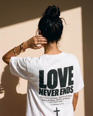 Love Never Ends tee, white, back print edition, woman, back print upper back close up