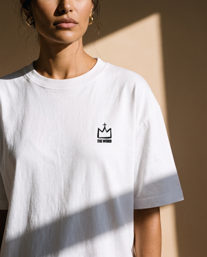 Love Never Ends tee, white, back print edition, woman, front crown chest close up