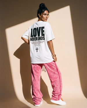 Love Never Ends tee, white, back print edition, woman, back print full body look over