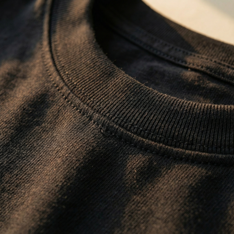 Fabric detail, close up of the ribbed crew neck collar on a black tee