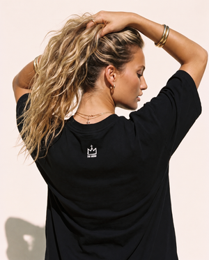 The Light of Life MONOCHROME tee, black, back print, woman, crown close up