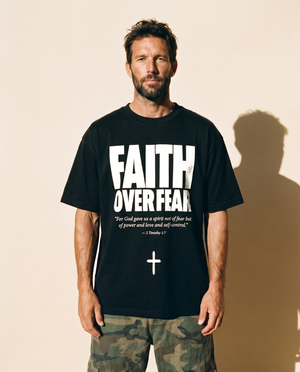 Faith Over Fear tee, black, front print, man, standing thigh up